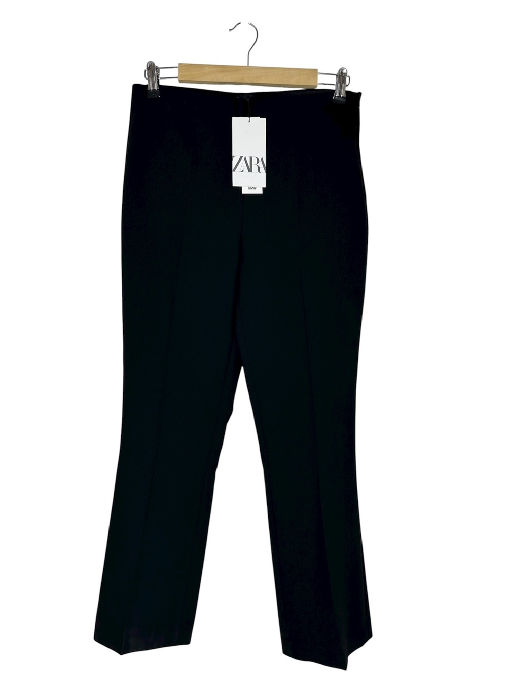 Zara Stretch Black Elastic Waist Band High Ruse Side Zipper Straight Leg Pants M
